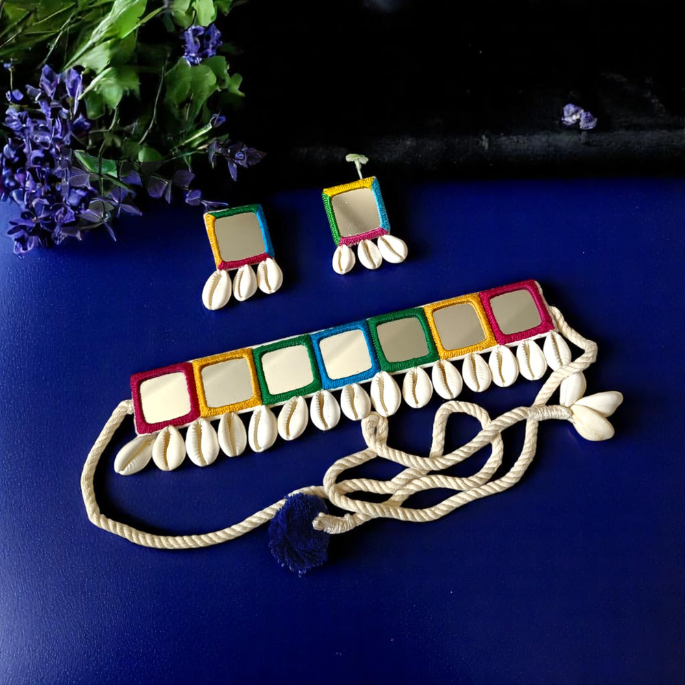Tela Naari Handmade Mirror Work Cowrie Choker Set - TelaNaari