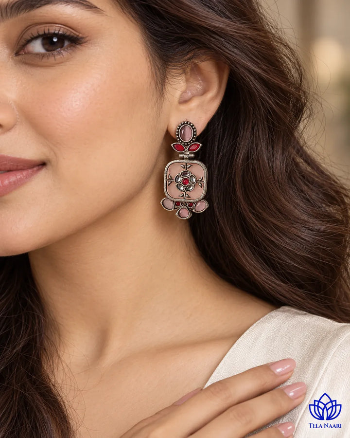 Gavi Silver Plated Pink Dangler Earrings