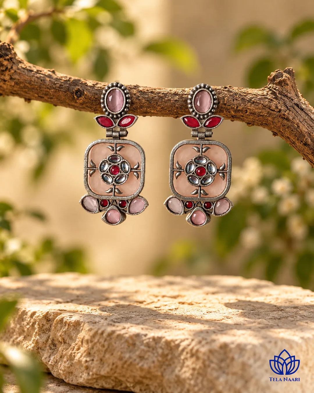 Gavi Silver Plated Pink Dangler Earrings