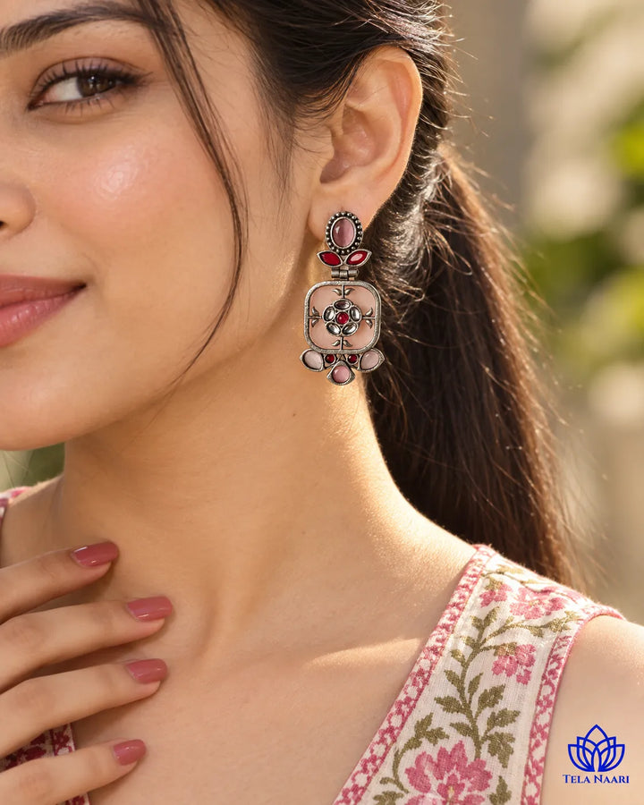 Gavi Silver Plated Pink Dangler Earrings