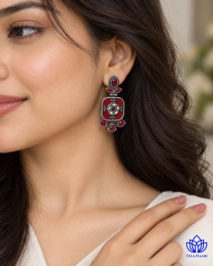 Gavi Silver Plated Red Dangler Earrings