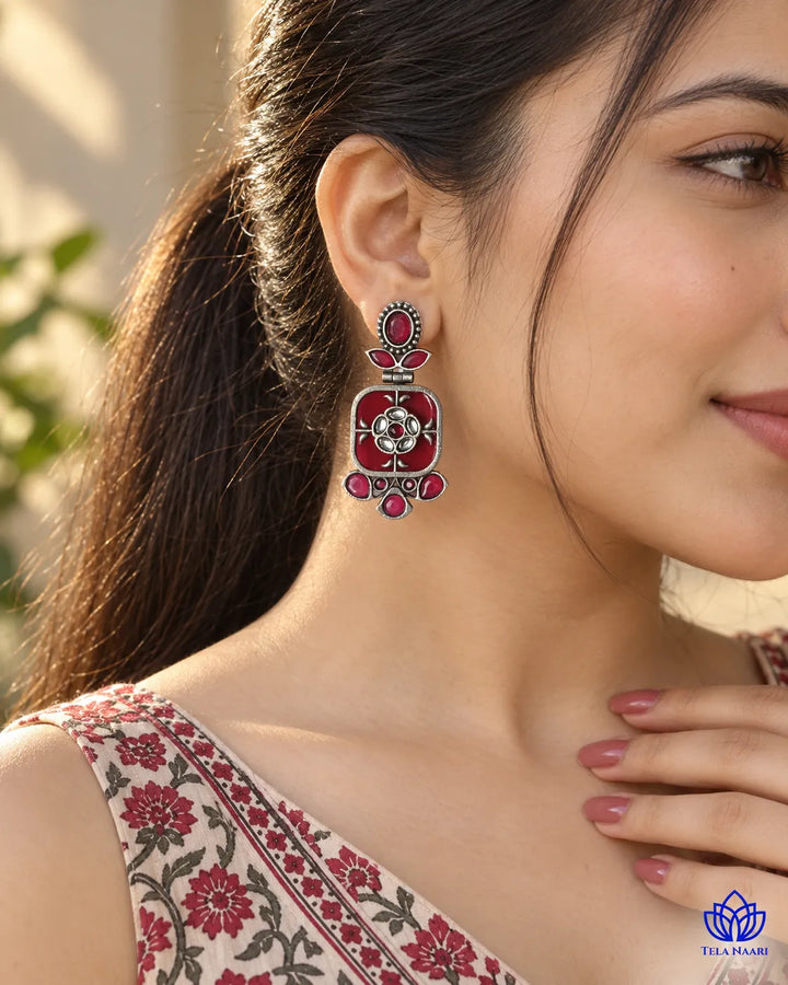 Gavi Silver Plated Red Dangler Earrings