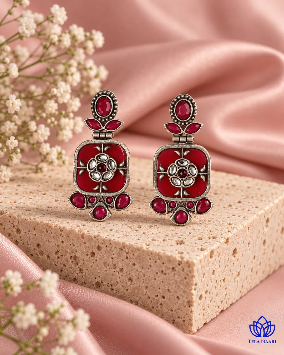 Gavi Silver Plated Red Dangler Earrings