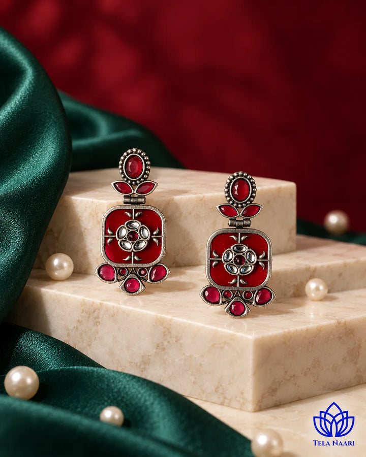 Gavi Silver Plated Red Dangler Earrings