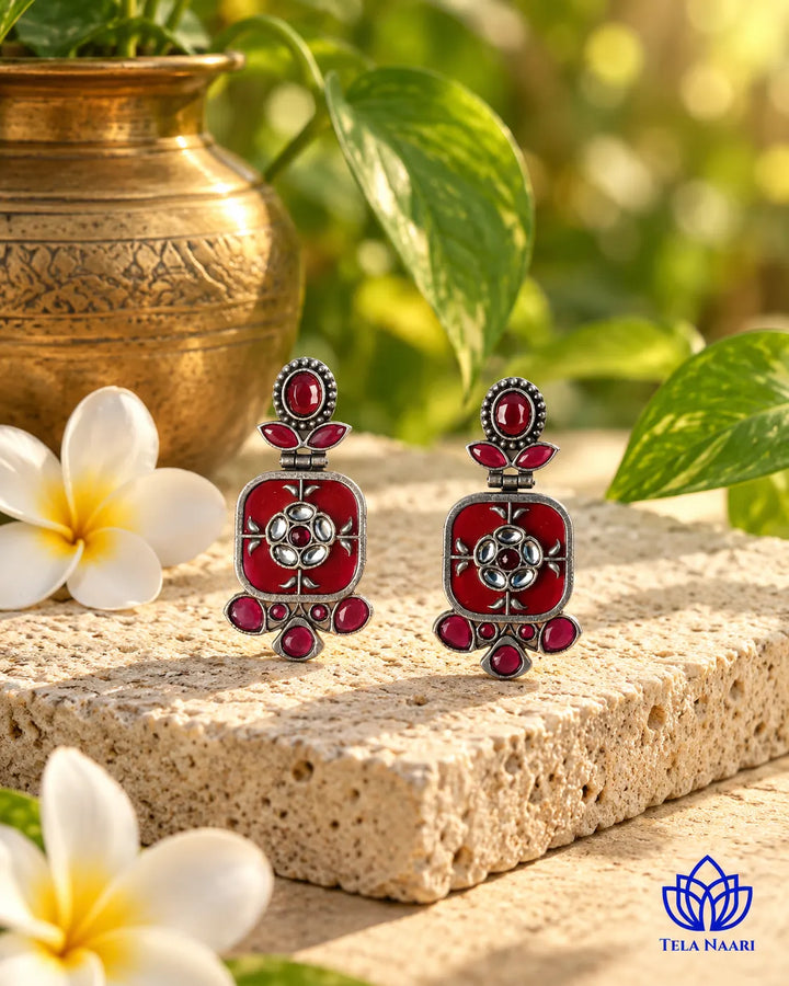 Gavi Silver Plated Red Dangler Earrings