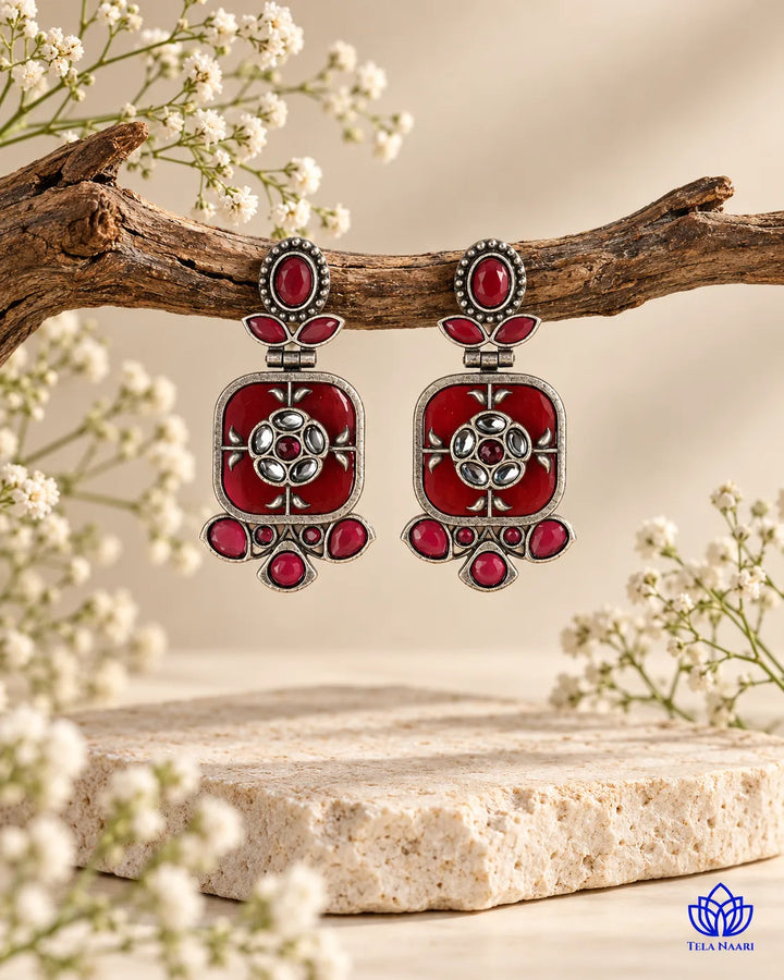 Gavi Silver Plated Red Dangler Earrings