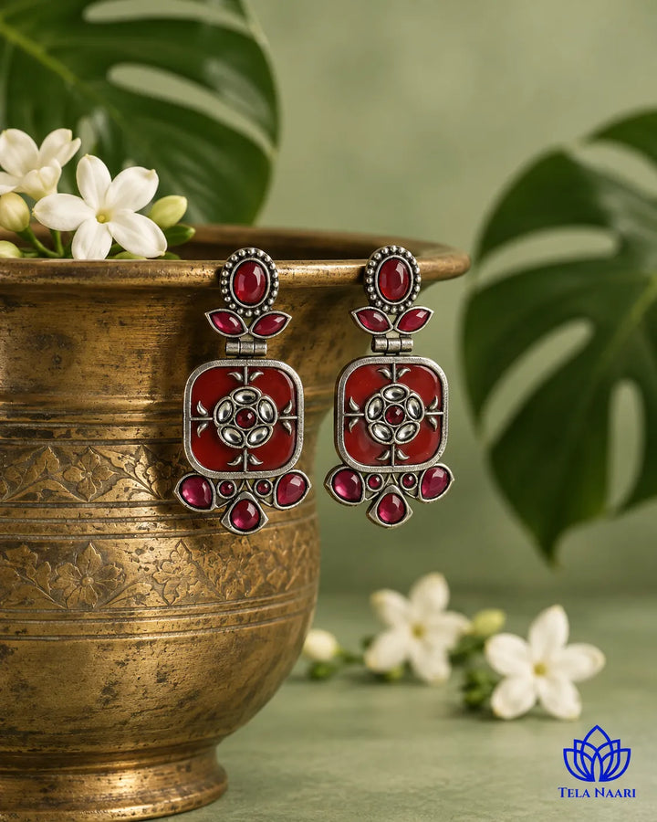 Gavi Silver Plated Red Dangler Earrings