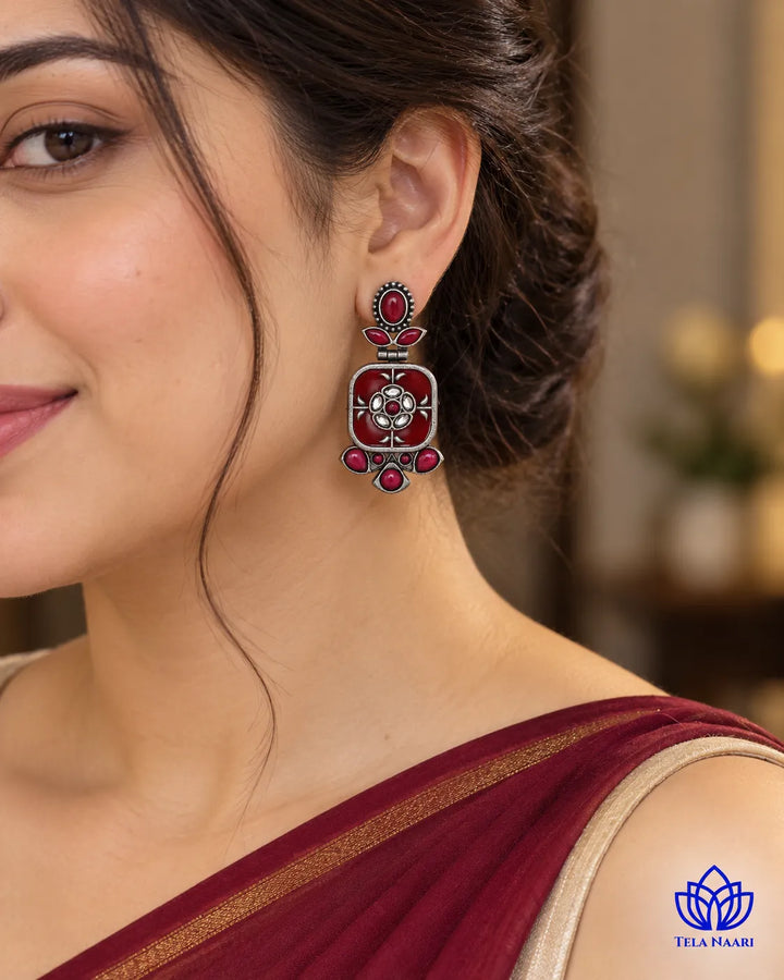 Gavi Silver Plated Red Dangler Earrings