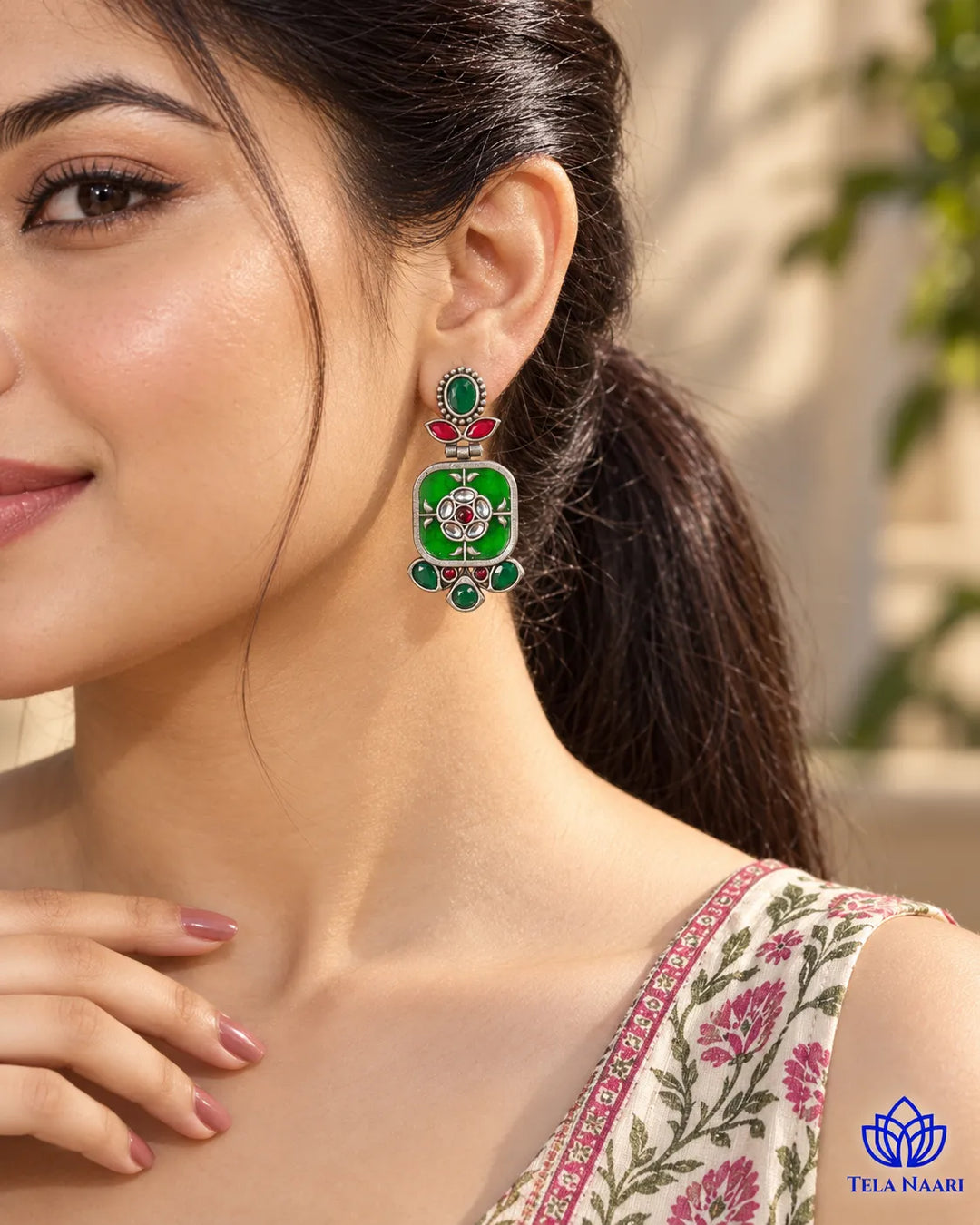 Gavi Silver Plated Green Dangler Earrings