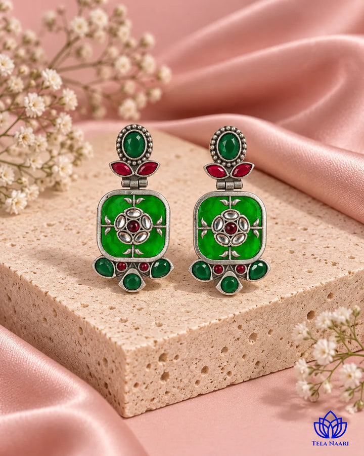 Gavi Silver Plated Green Dangler Earrings