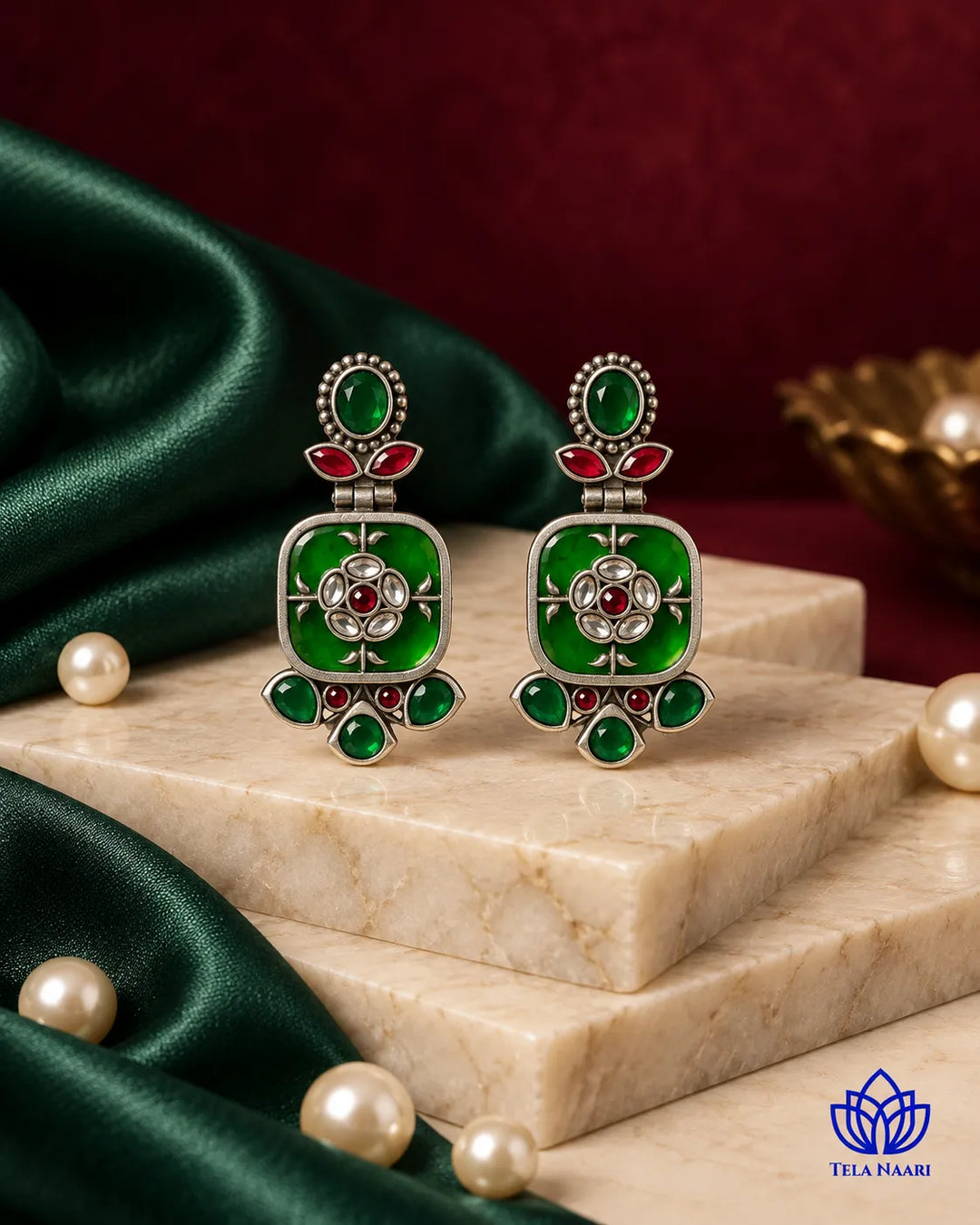 Gavi Silver Plated Green Dangler Earrings