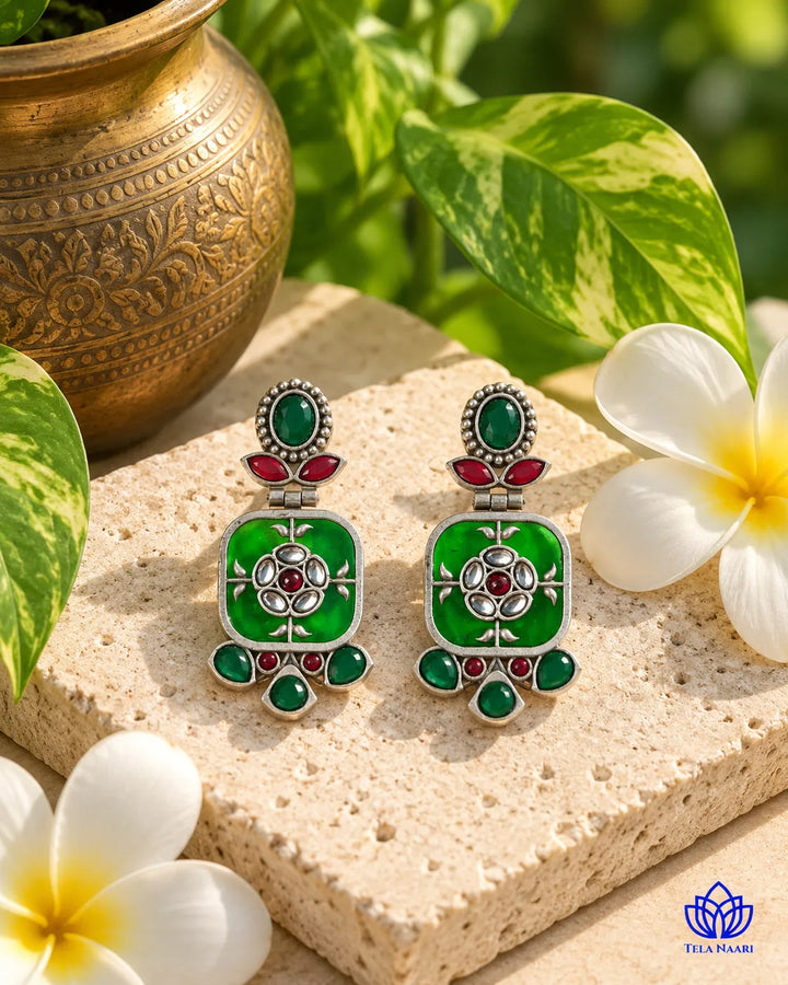 Gavi Silver Plated Green Dangler Earrings