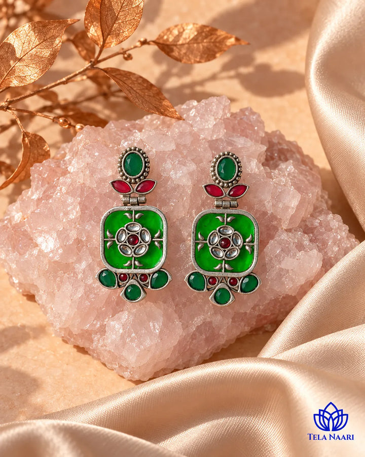 Gavi Silver Plated Green Dangler Earrings