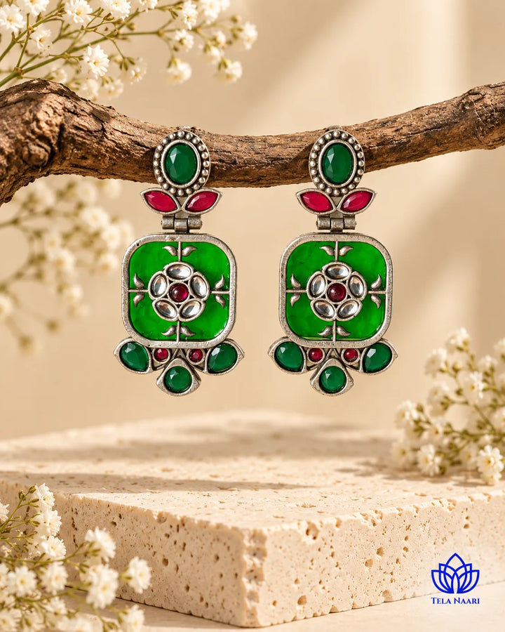 Gavi Silver Plated Green Dangler Earrings