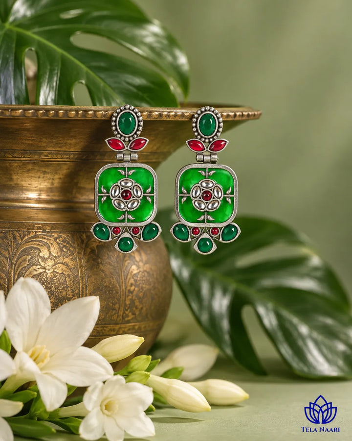 Gavi Silver Plated Green Dangler Earrings