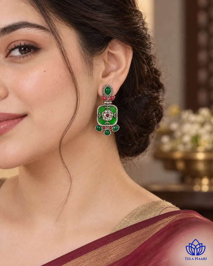 Gavi Silver Plated Green Dangler Earrings