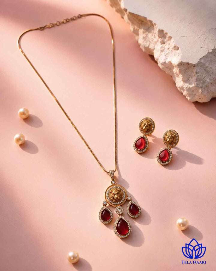 Premium Party Gold &amp; Ruby Red Stone Necklace Set