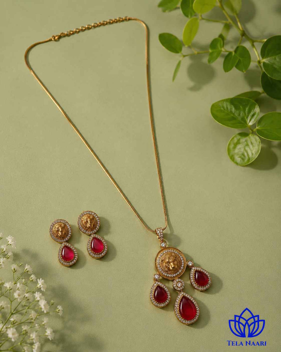 Premium Party Gold &amp; Ruby Red Stone Necklace Set