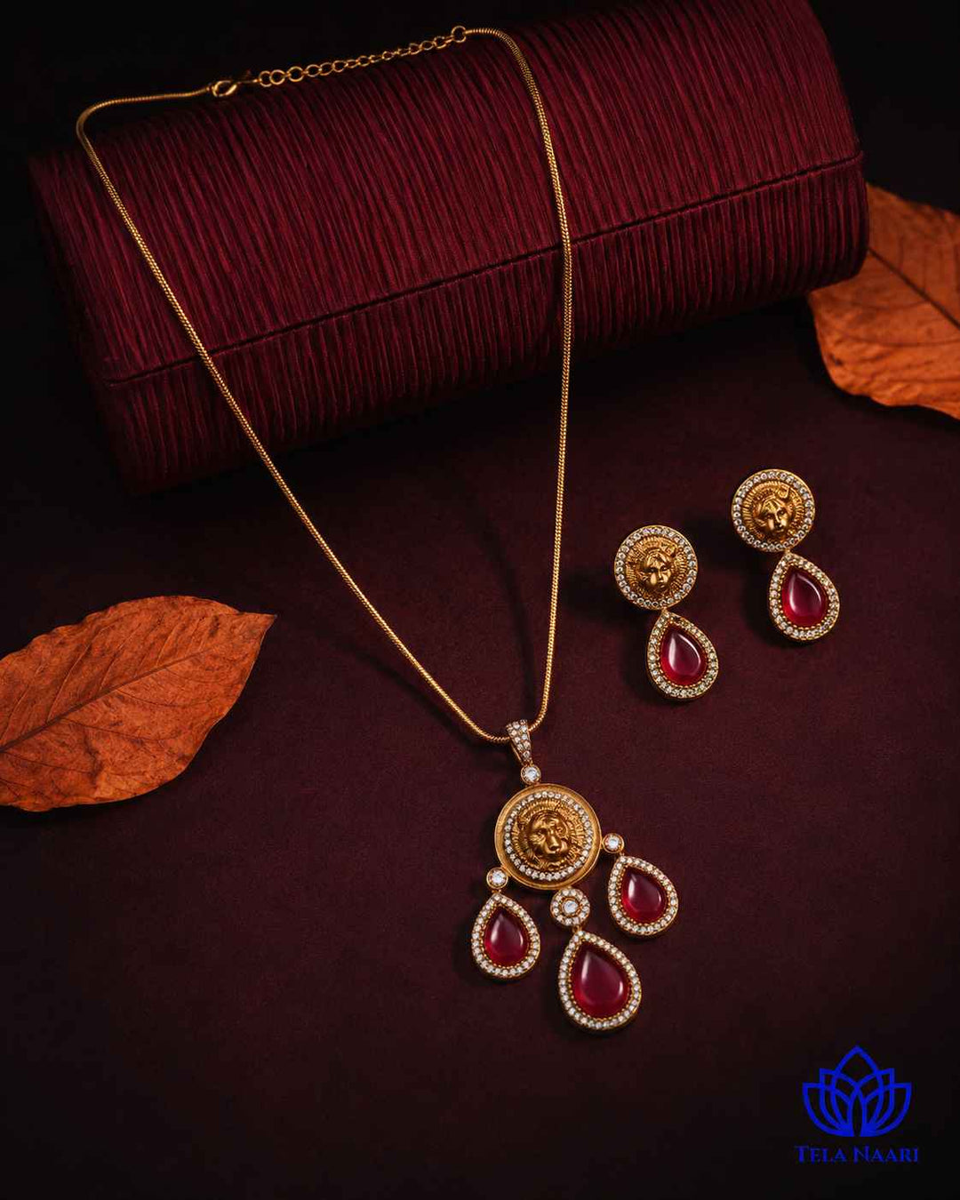 Premium Party Gold &amp; Ruby Red Stone Necklace Set