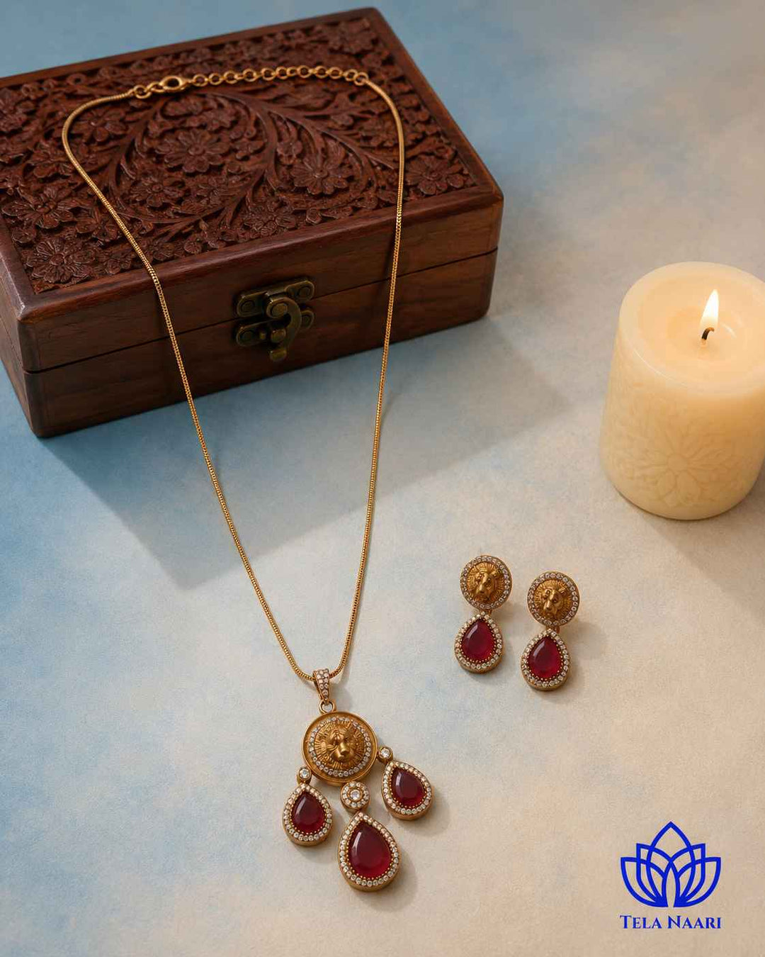 Premium Party Gold &amp; Ruby Red Stone Necklace Set