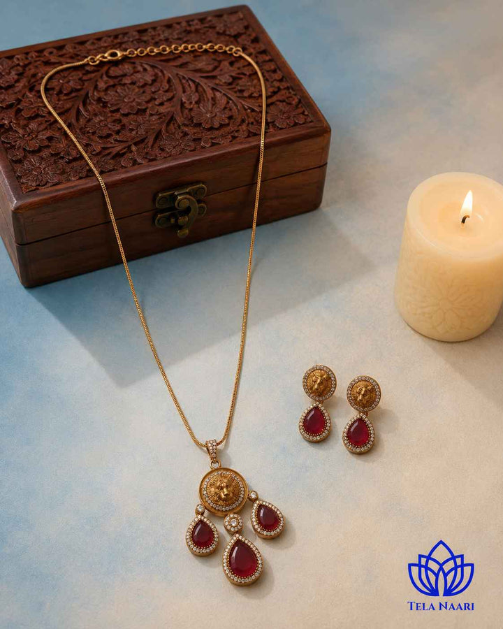 Premium Party Gold &amp; Ruby Red Stone Necklace Set