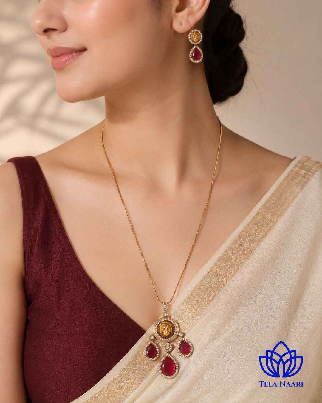 Premium Party Gold &amp; Ruby Red Stone Necklace Set