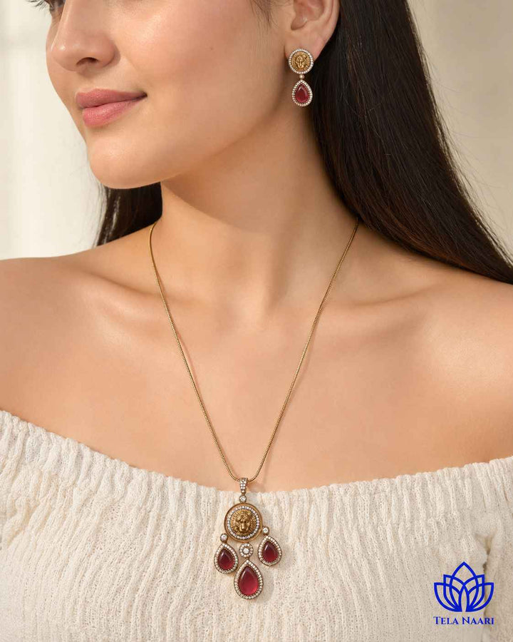 Premium Party Gold &amp; Ruby Red Stone Necklace Set