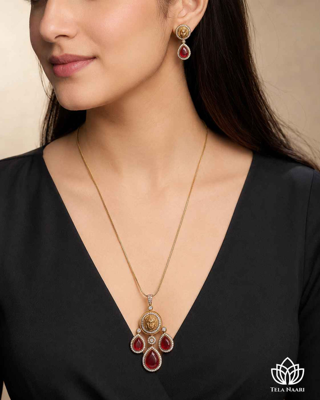 Premium Party Gold &amp; Ruby Red Stone Necklace Set