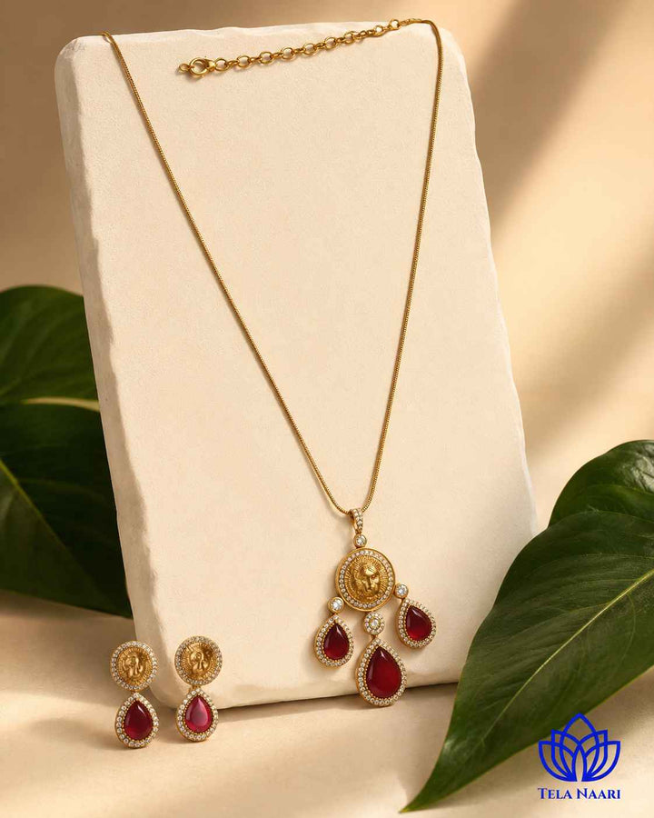Premium Party Gold &amp; Ruby Red Stone Necklace Set