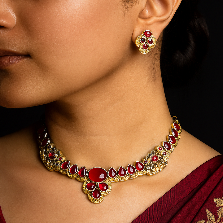 SILVER LOOK ALIKE NECKLACE WITH EARRINS ASTER RED