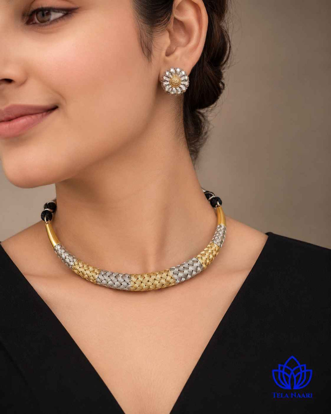 Gold Silver Beaded Texture Dual Tone Choker Necklace Set