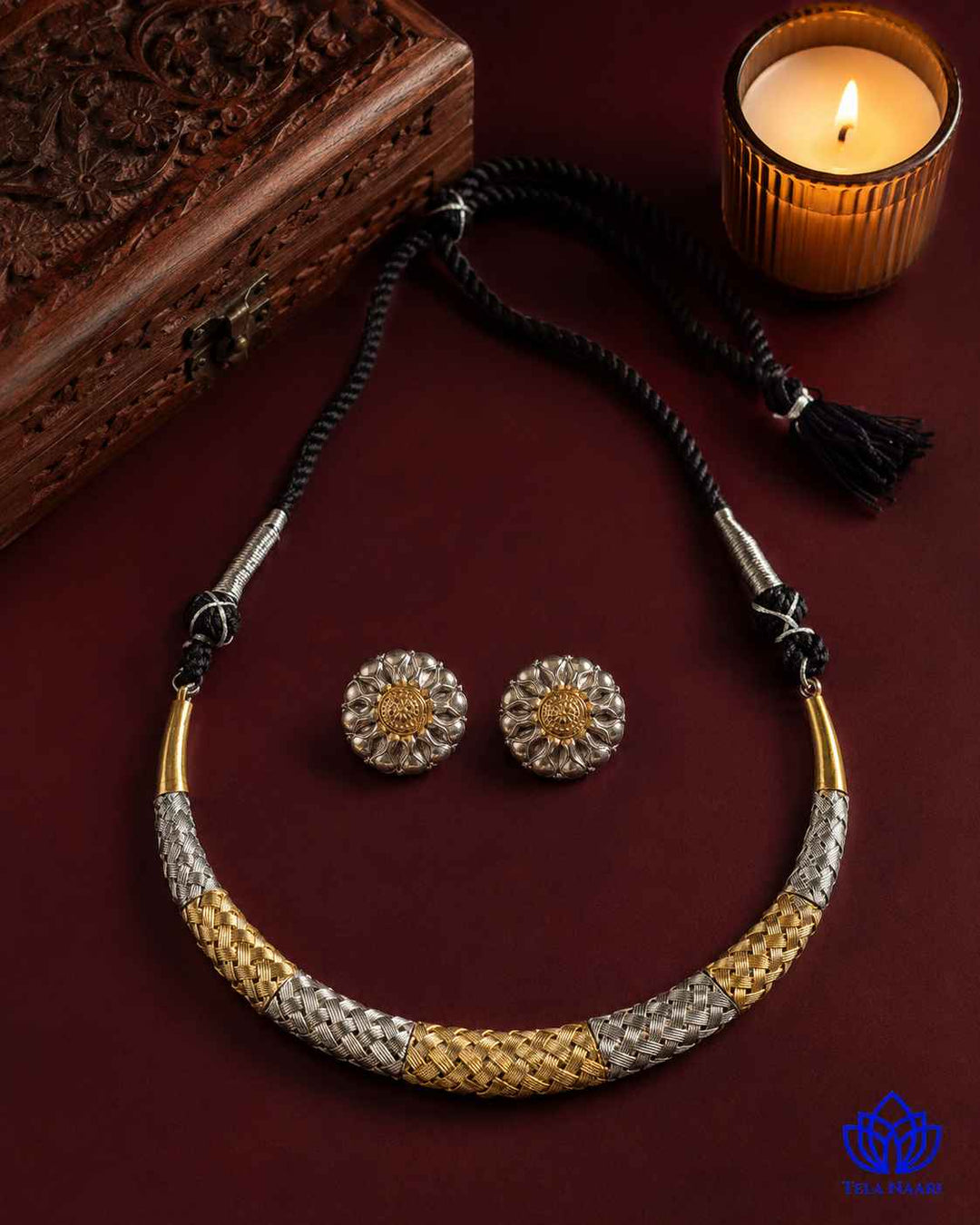 Gold Silver Beaded Texture Dual Tone Choker Necklace Set