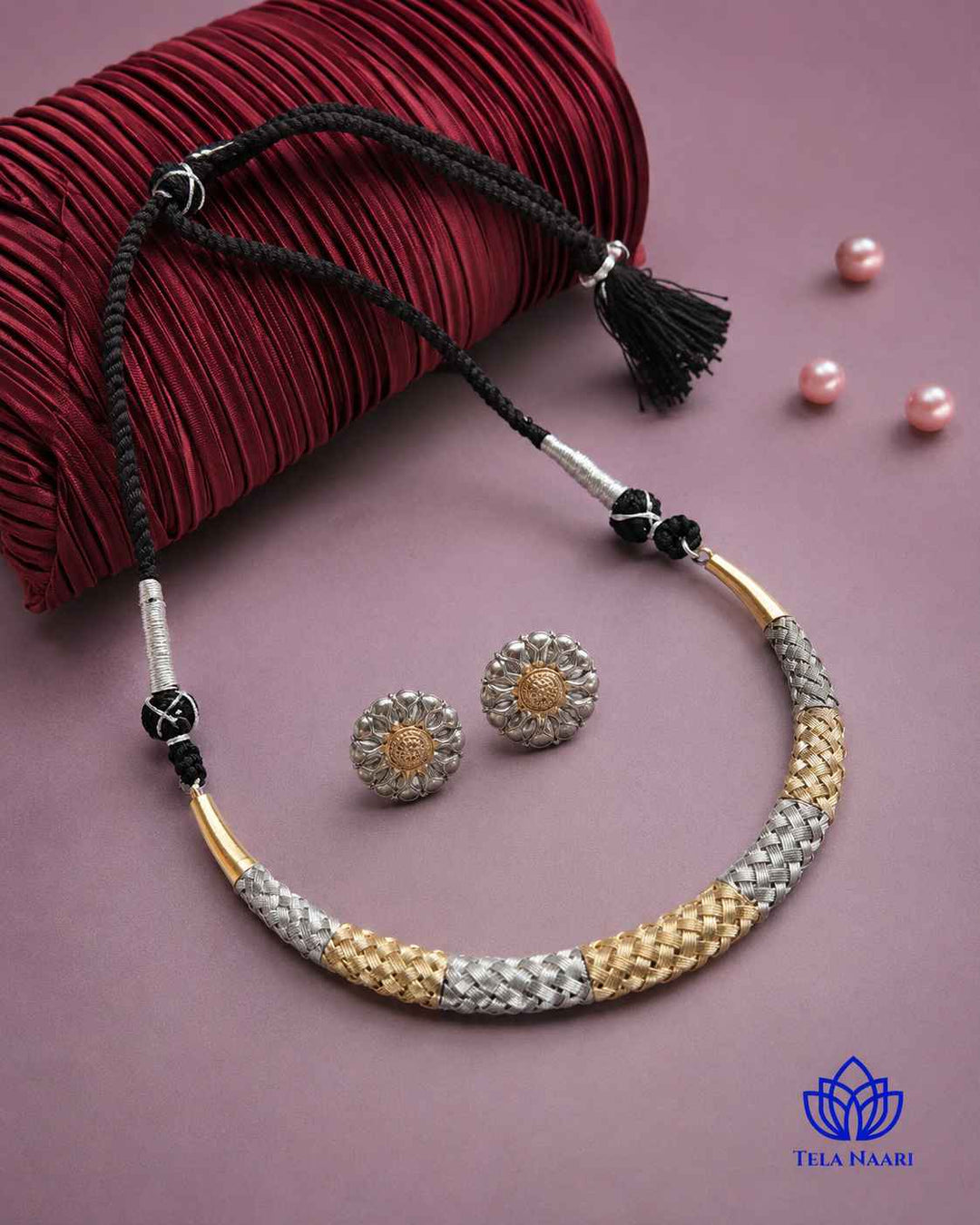 Gold Silver Beaded Texture Dual Tone Choker Necklace Set