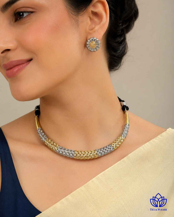 Gold Silver Beaded Texture Dual Tone Choker Necklace Set