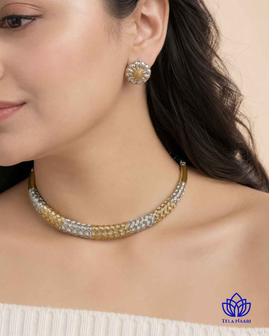 Gold Silver Beaded Texture Dual Tone Choker Necklace Set