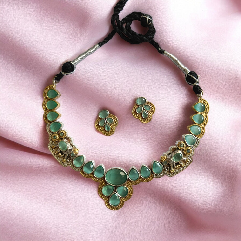 SILVER LOOK ALIKE NECKLACE WITH EARRINS ASTER SKY BLUE - TelaNaari