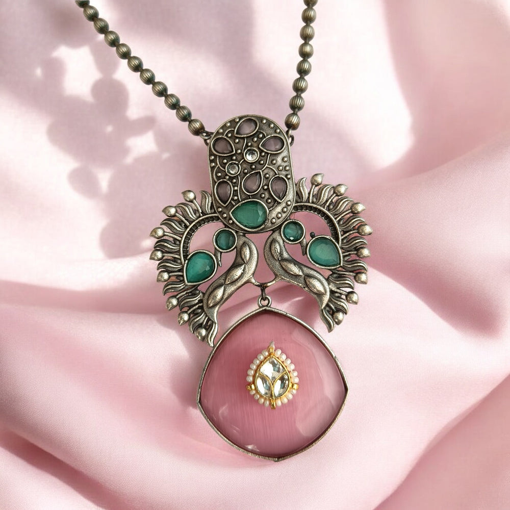 Classic Timeless Erum Pink Silver Plated Necklace Set - TelaNaari