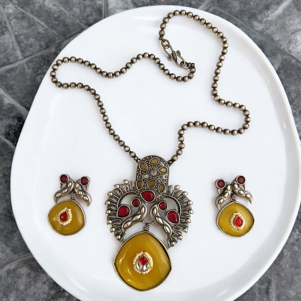 Classic Timeless Era Yellow Silver Plated Necklace Set - TelaNaari