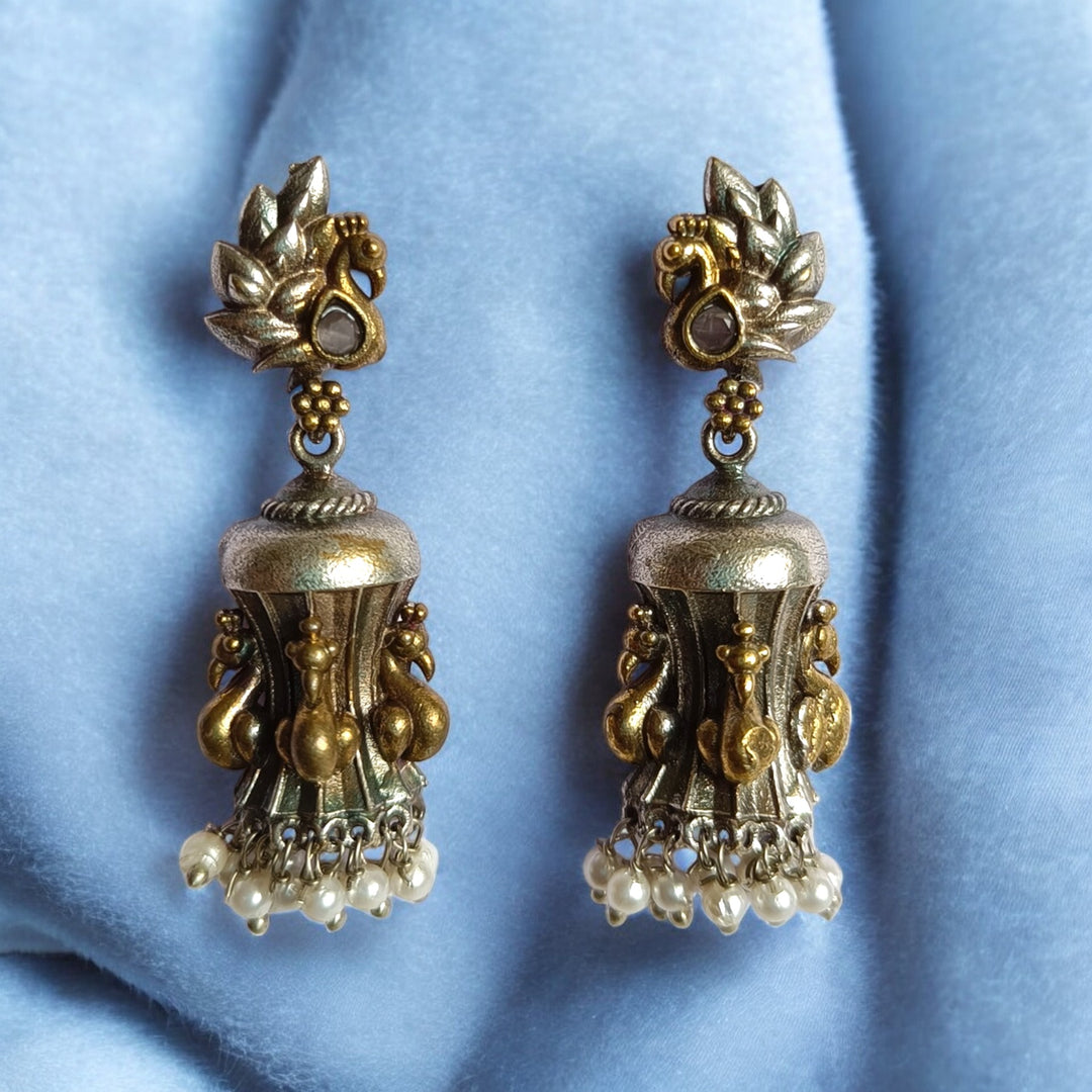 Classic Elegant Edha Dual Tone Silver Plated Earrings - TelaNaari