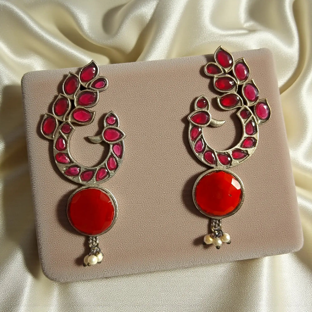 Elegant Indrayani peacock earrings Red variant – ethnic jewellery by TelaNaari