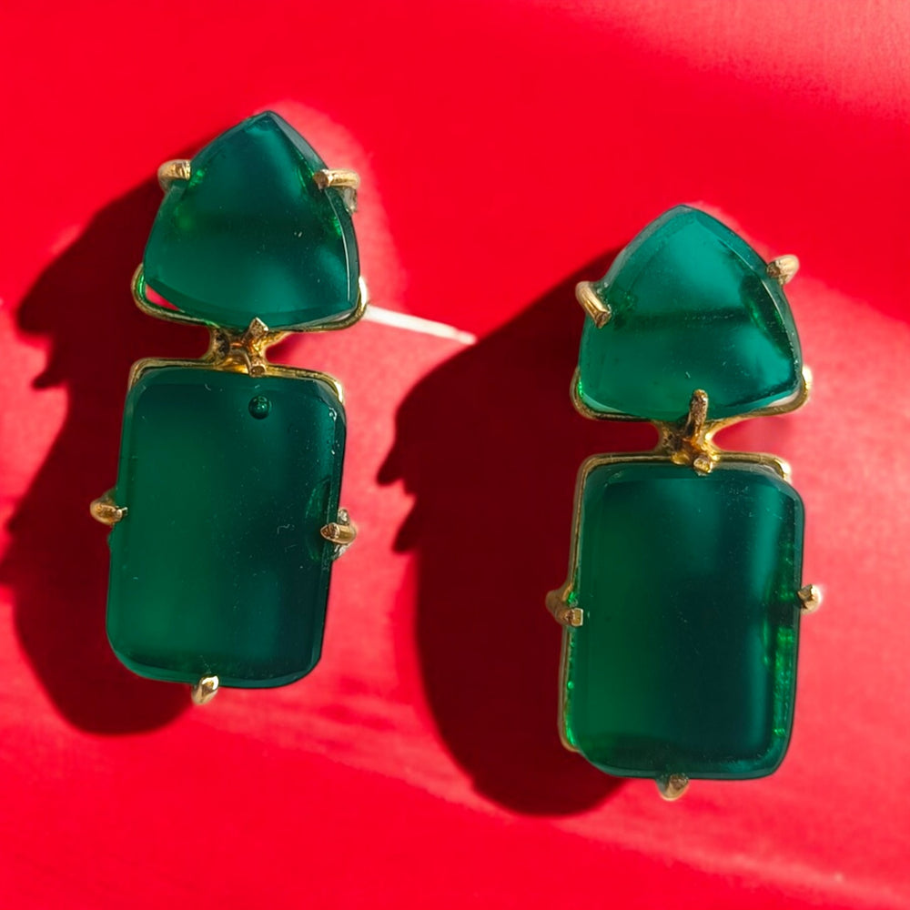 Telanaari Giji Gold-Plated Green Stone Stud Earrings - TelaNaari