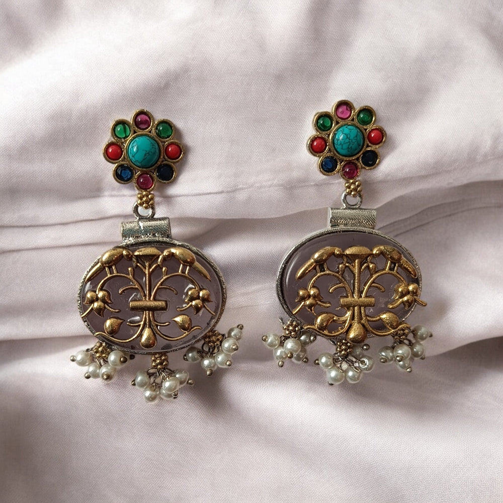 Telanaari Timeless Jasmeet Dual Tone Silver-Plated Pearl Earrings - TelaNaari