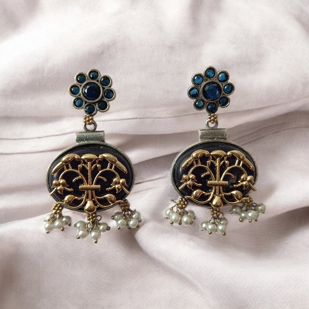 Telanaari Timeless Jasmeet Dual Tone Silver-Plated Pearl Earrings - TelaNaari