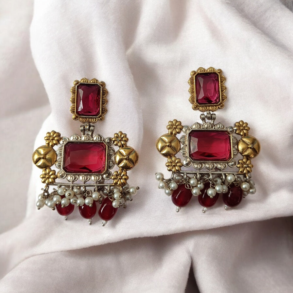 Telanaari Timeless Parneet Red Dual Tone Silver-Plated Necklace Set - TelaNaari