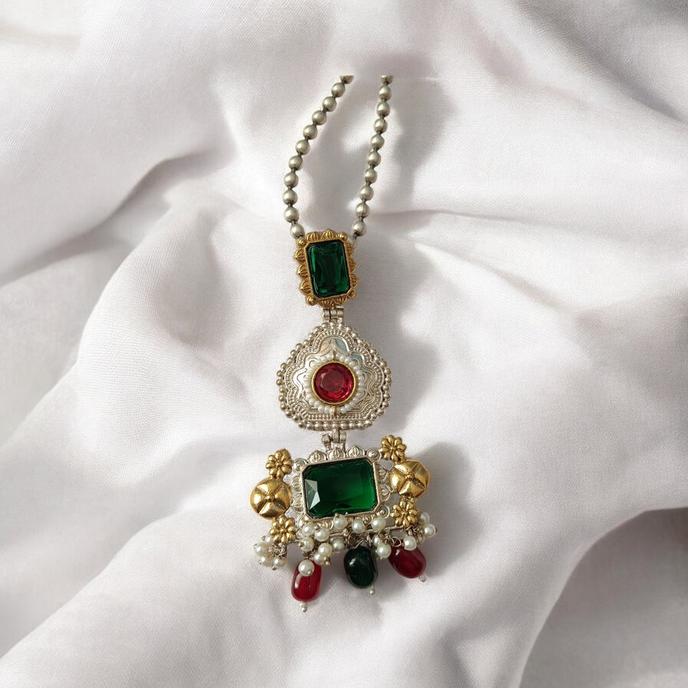 Telanaari Timeless Sohani Red Green Dual Tone Silver-Plated Necklace Set - TelaNaari