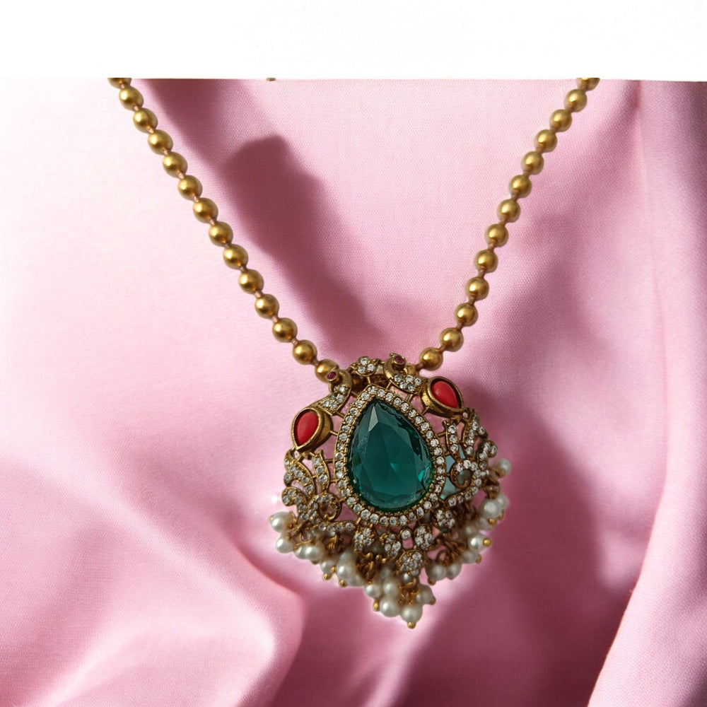 Telanaari Timeless Gurkiran Green Dual Tone Silver-Plated Necklace Set - TelaNaari