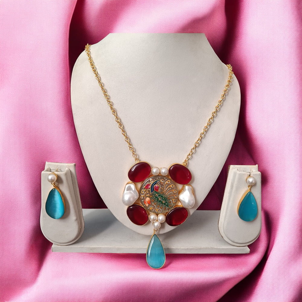 Telanaari Timeless Chanchal Red Blue Baroque Gold Plated Necklace Set - TelaNaari