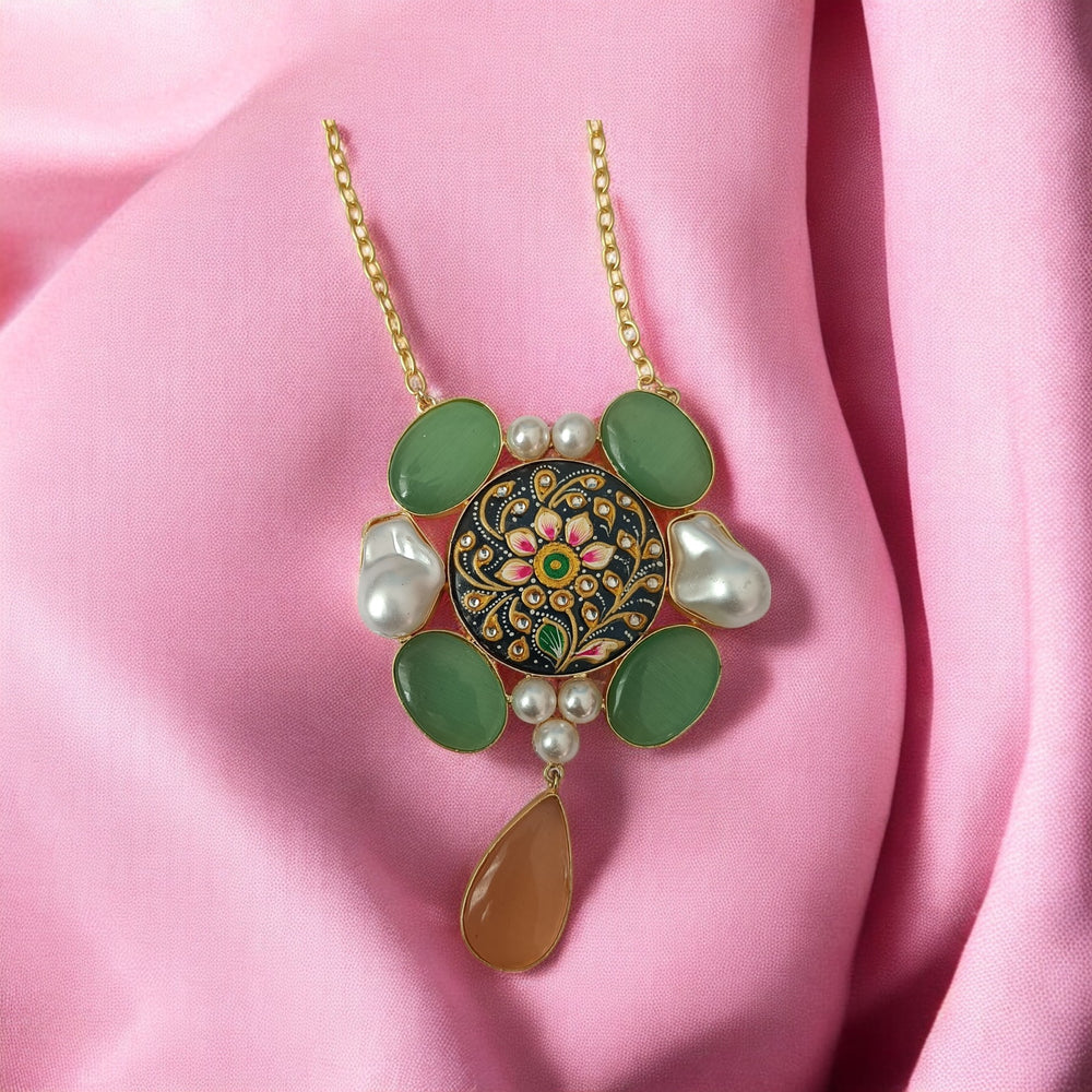 Telanaari Timeless Charanpreet Green Orange Baroque Gold Plated Necklace Set - TelaNaari