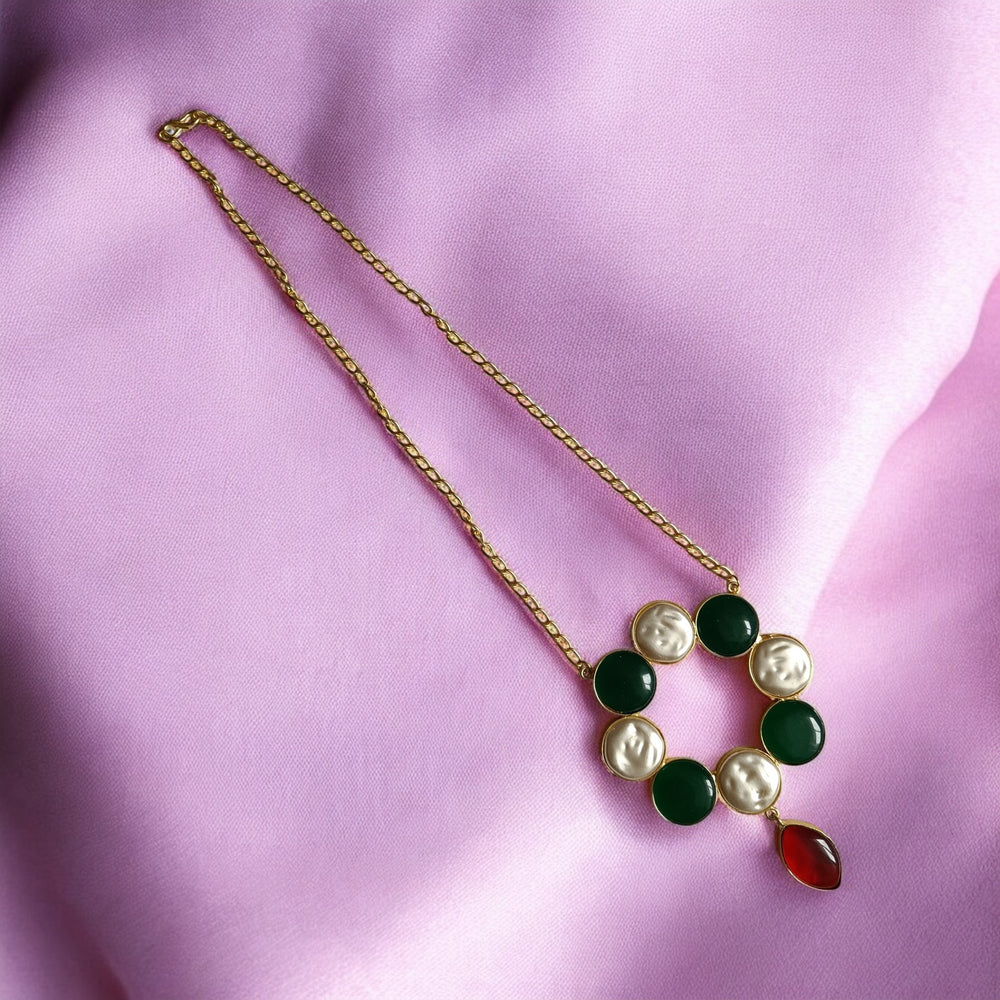 Telanaari Timeless Gurleen Green Red Baroque Gold Plated Necklace Set - TelaNaari