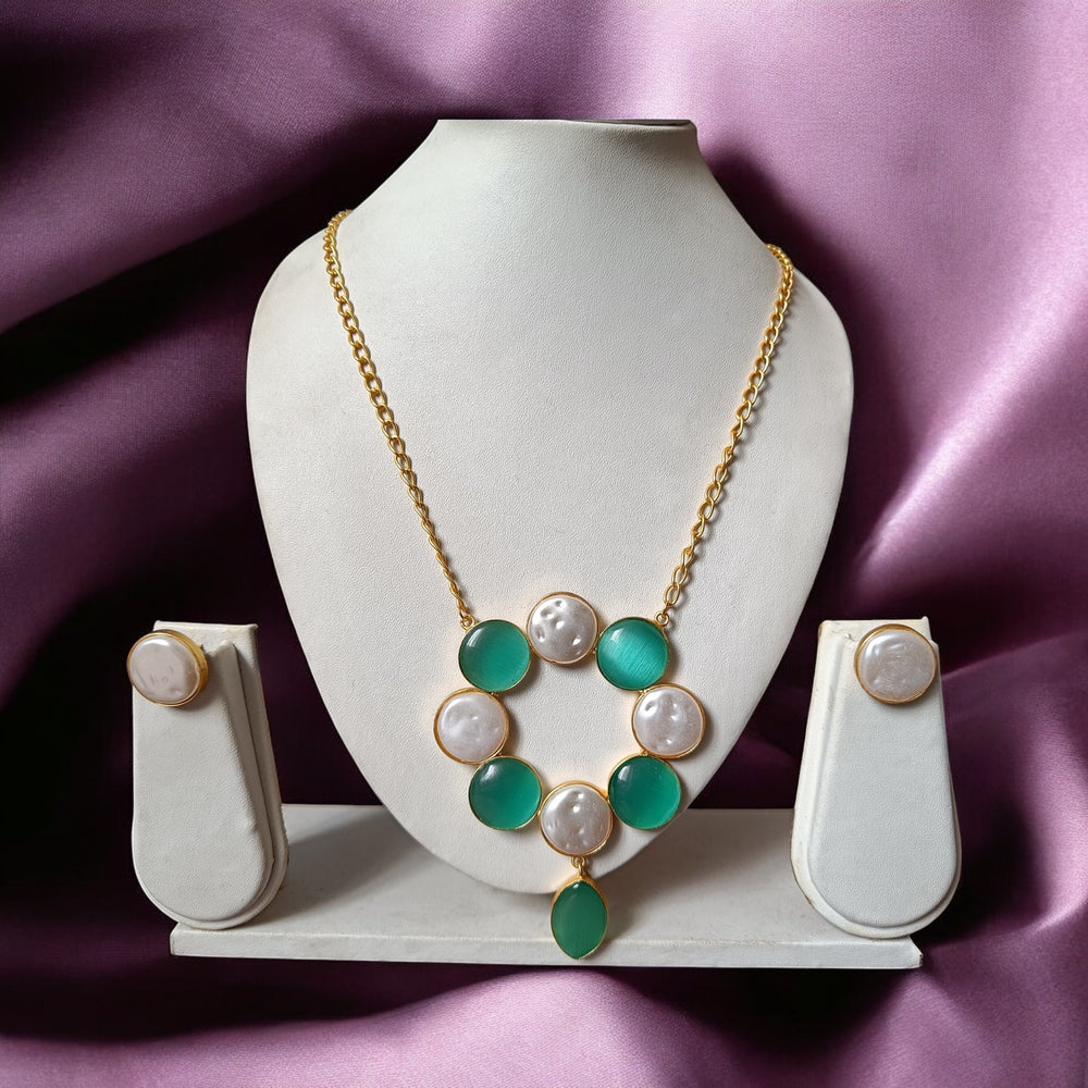 Telanaari Timeless Juniper Sea Green Baroque Gold Plated Necklace Set - TelaNaari